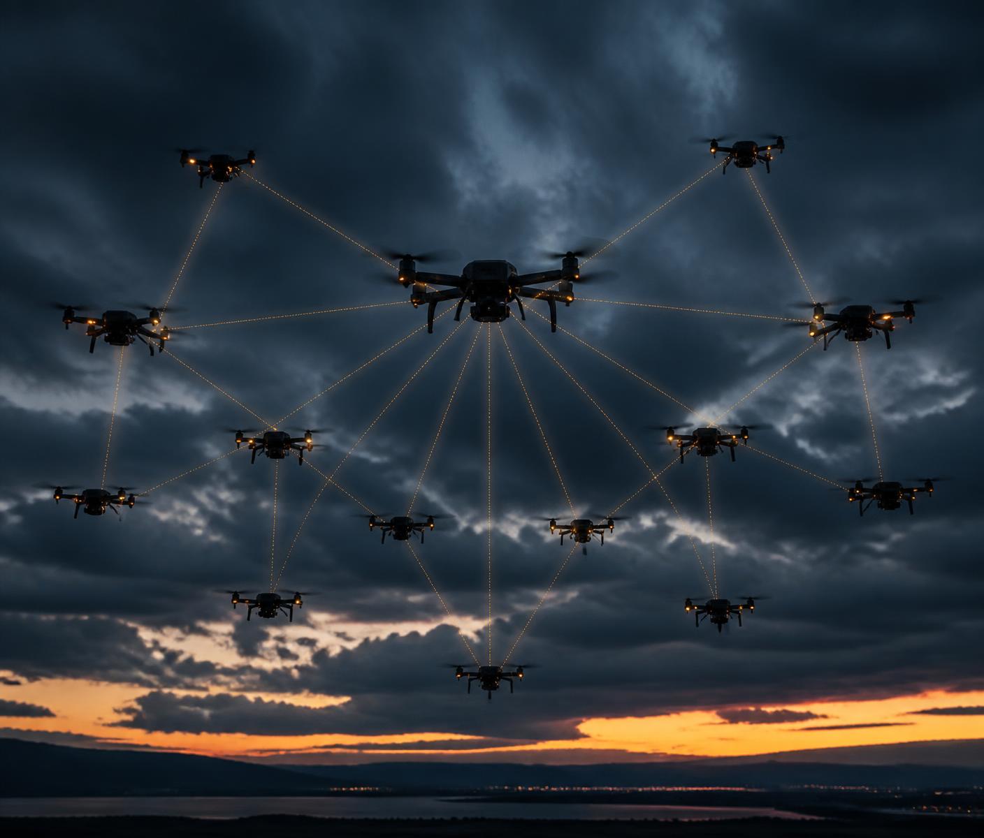 AirGuardian Swarm™ in operation — Search, detect, coordinate, and deliver — as one integrated swarm.